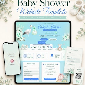Pode incluir: Modelo de site digital para chá de bebé em tablet e telemóvel. O design apresenta elementos florais, uma ilustração de cegonha e informações de RSVP. O texto diz "Baby Shower Website Template".