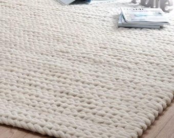 The Indoor Store - Hand Woven Chunky Wool Area Rug, Ivory/Off-White, Cable Knit, Scandinavian