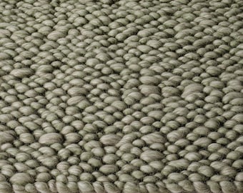 Hand-crafted Sage Olive Wool Loop-Pile Rug • Chunky Textured Living Room Rug Carpet Handmade • Natural Beige Accent Indoor Floor Teppich
