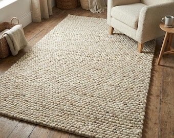 Chunky Wool Rug, Handwoven Neutral Area Rug for Living Room, Bedroom, Scandinavian Decor