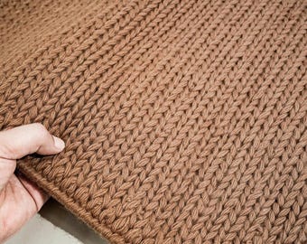 Brown Chunky Knit Wool Rug, Handwoven Knit Area Rug, Modern Scandinavian Carpet, Handmade Wool Floor Rug, Cozy Minimalist Home Decor
