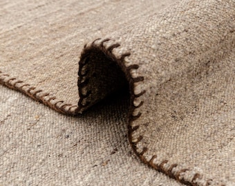 Beige Flatweave Rug, Handmade Natural Fiber, Minimalist Rustic Carpet