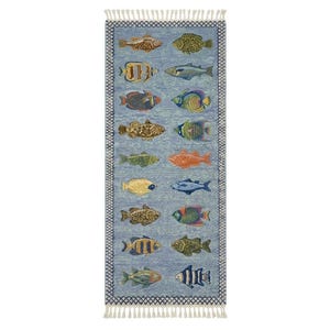 Hand Knotted Fish Runner Rug, Ocean Theme Rug, Coastal Hallway Runner, Marine Life Rug, Wool Area Runner, Beach House Decor Rug image 2