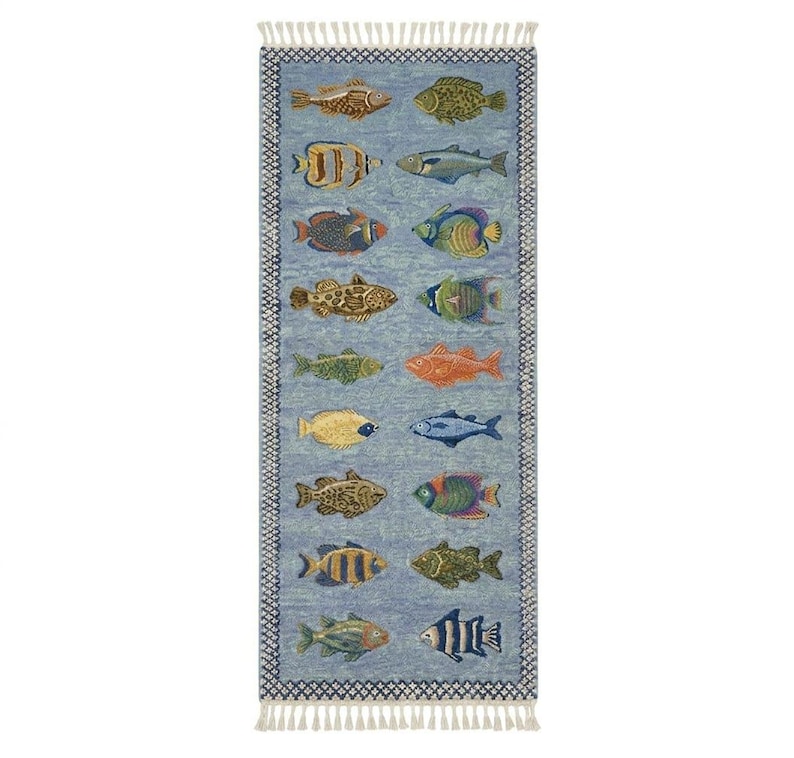 Hand Knotted Fish Runner Rug, Ocean Theme Rug, Coastal Hallway Runner, Marine Life Rug, Wool Area Runner, Beach House Decor Rug image 2