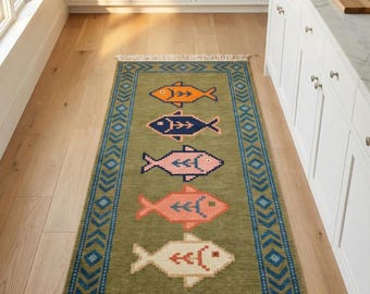 Handmade Fish Runner Rug, Hand Knotted Wool Coastal Hallway Runner, Nautical Fish Design Rug, Green Runner Carpet, Custom Size Rug