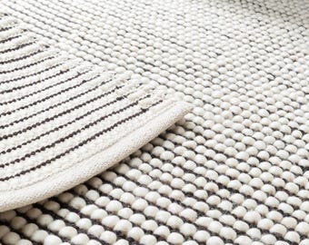 The VelcomLoom Store - Hand Woven Chunky Wool Area Rug, Black & Off-White, Striped Loops