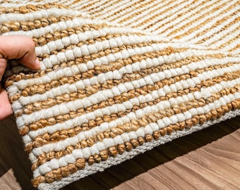 Handwoven Jute Wool Rug, Chunky Knit Area Rug, Neutral Boho Rug, Handmade Textured Carpet, Farmhouse Wool Rug, Modern Rustic Decor