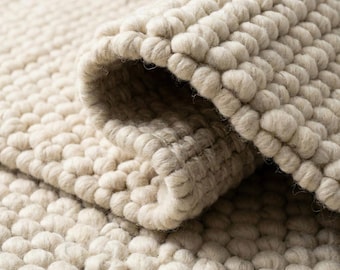 Handwoven Wool Rug, Chunky Loop Pile Area Rug, Neutral Ivory Wool Carpet, Scandinavian Minimalist Rug, Modern Cozy Living Room Floor Decor