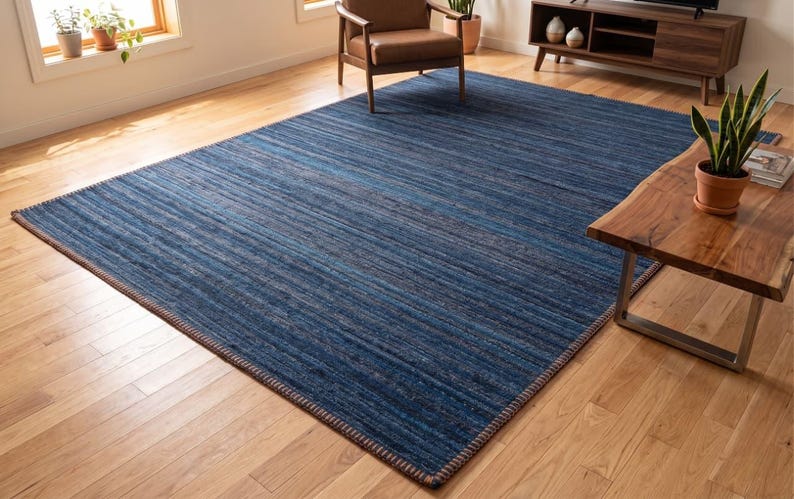 Puede incluir: Una alfombra azul rectangular grande con un patr&oacute;n de rayas. La alfombra est&aacute; hecha de un material tejido y tiene un borde marr&oacute;n. La alfombra est&aacute; colocada sobre un piso de madera en un sal&oacute;n.