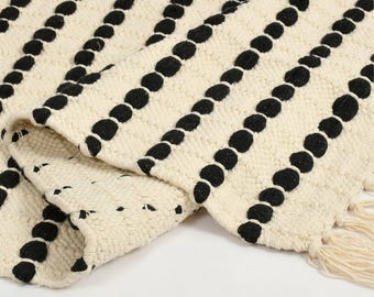 Handwoven Black White Cotton Rug, Boho Area Rug, Moroccan Inspired Woven Rug, Scandinavian Farmhouse Carpet, Handmade Tassel Rug Decor
