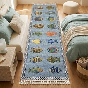 Hand Knotted Fish Runner Rug, Ocean Theme Rug, Coastal Hallway Runner, Marine Life Rug, Wool Area Runner, Beach House Decor Rug image 5