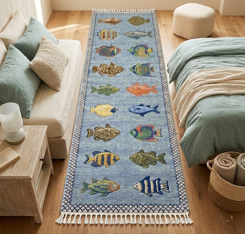 Hand Knotted Fish Runner Rug, Ocean Theme Rug, Coastal Hallway Runner, Marine Life Rug, Wool Area Runner, Beach House Decor Rug image 5