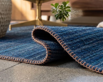 Blue Flatweave Rug, Handmade Natural Fiber, Minimalist Rustic Carpet