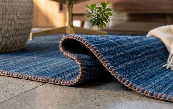 Blue Flatweave Rug, Handmade Natural Fiber, Minimalist Rustic Carpet