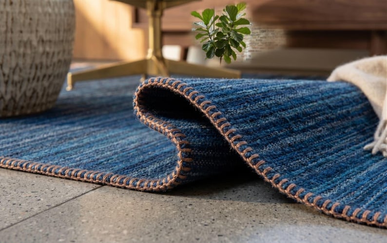Blue Flatweave Rug, Handmade Natural Fiber, Minimalist Rustic Carpet