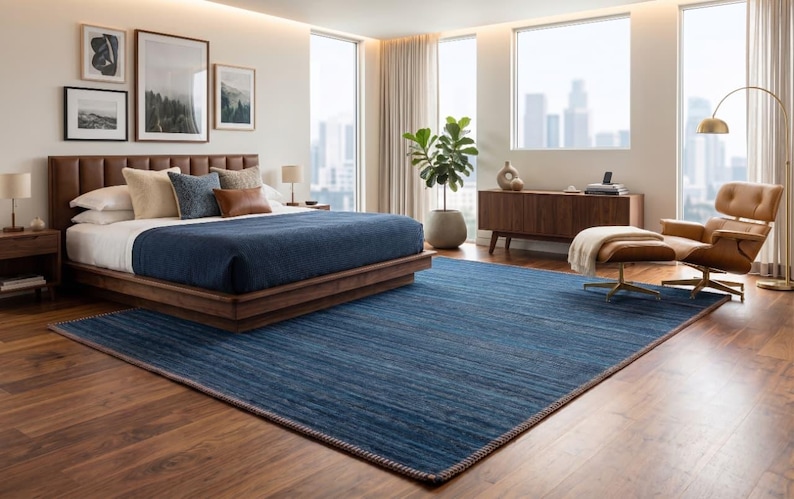 Puede incluir: Un dormitorio moderno con una cama grande, una alfombra azul y un sill&oacute;n de cuero. La cama tiene un cabecero marr&oacute;n y un edred&oacute;n azul. La alfombra es rectangular y tiene un dise&ntilde;o azul y marr&oacute;n. El sill&oacute;n es de cuero marr&oacute;n.