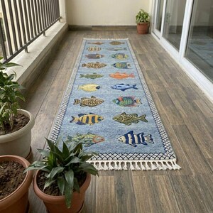 Hand Knotted Fish Runner Rug, Ocean Theme Rug, Coastal Hallway Runner, Marine Life Rug, Wool Area Runner, Beach House Decor Rug image 3