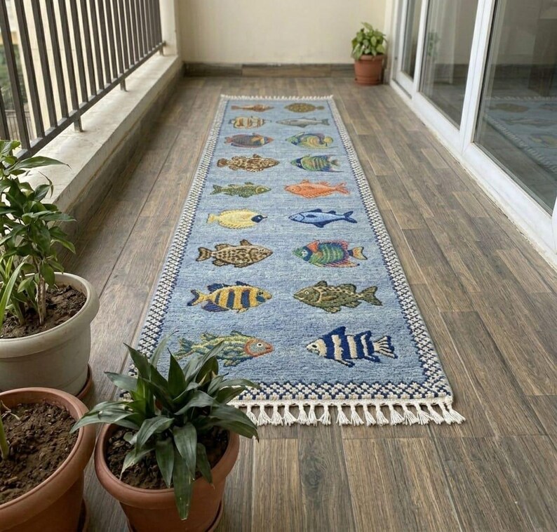 Hand Knotted Fish Runner Rug, Ocean Theme Rug, Coastal Hallway Runner, Marine Life Rug, Wool Area Runner, Beach House Decor Rug image 3