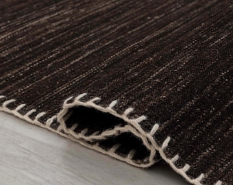 Dark Chocolate brown Wool Kilim Rug, Hand Woven Boho Flatweave, Customizable Size