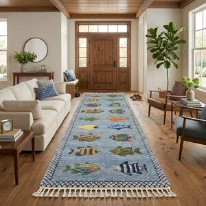 May include: A long, rectangular blue rug with a repeating pattern of colorful fish. The rug has a white fringe along the short ends and is placed in a hallway with hardwood floors and a wooden door.