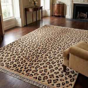 Alfombra con estampado de leopardo, alfombra de lana tejida a mano para decoración estilo safari.