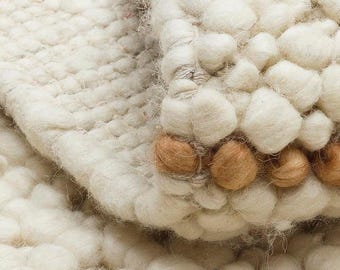 Handwoven Chunky Wool Rug, Scandinavian Decor Living Room Or Bedroom, Cream Wool Carpet, Farmhouse Wool Area Rug, Natural Custom Woven Rug
