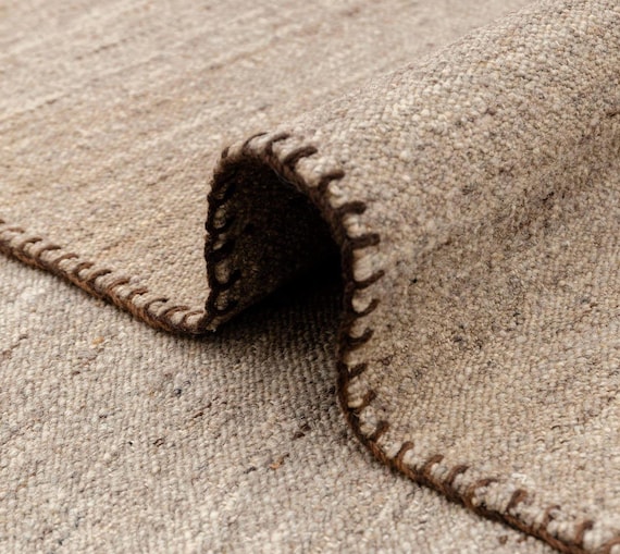 Beige Flatweave Rug, Handmade Wool Carpet with Natural Fiber and Contrast Edging
