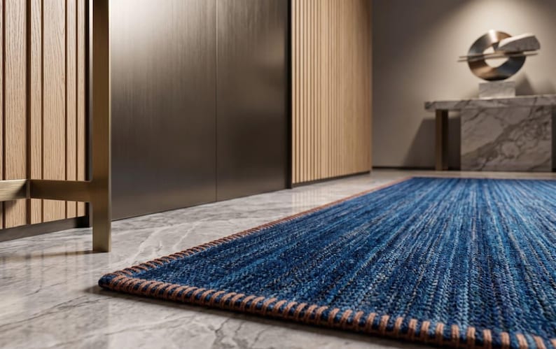 Puede incluir: Una alfombra rectangular azul y marr&oacute;n con una superficie texturizada. La alfombra est&aacute; colocada sobre un suelo de m&aacute;rmol. La alfombra tiene un borde marr&oacute;n y est&aacute; frente a un mueble de madera.
