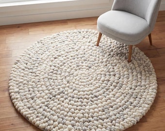 Chunky Wool Rug Round, Handmade Pebble Wool Rug, Thick Neutral Scandinavian Area Rug, Cozy Nursery Decor