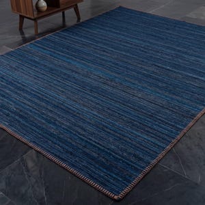 Puede incluir: Una alfombra rectangular azul con un patr&oacute;n de rayas. La alfombra es de color azul oscuro con acentos azules claros y marrones. Los bordes est&aacute;n acabados con un borde marr&oacute;n. La alfombra est&aacute; colocada sobre un suelo de baldosas gris oscuro.