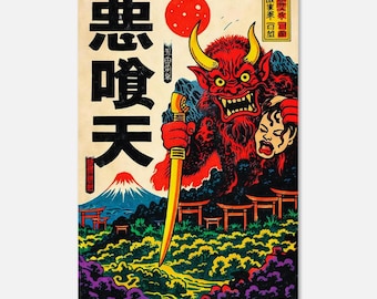 Stampa artistica del demone Oni infuocato – Poster del folklore giapponese, arte murale in stile Ukiyo-e, decorazione mitologica vibrante, arte murale Japandi rossa e oro