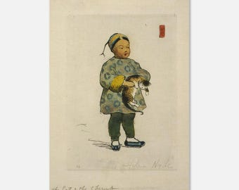 Stampa xilografica giapponese con cherubino e gatto – Arte murale vintage asiatica per bambini, ispirata a Helen Hyde, decorazione per la casa in stile kawaii