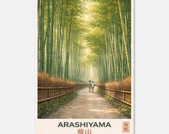 Poster della foresta di bambù di Arashiyama – Arte murale zen giapponese serena, stampa naturalistica di Kyoto, decorazione verde giapponese, paesaggio asiatico vintage