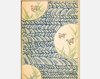 Poster con stampa xilografica giapponese "Zen Flight" - Stampa vintage di uccelli e onde, decorazione murale asiatica ispirata alla natura, arte giapponese serena.