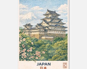 Poster con castello giapponese e fiori di ciliegio – Arte murale asiatica vintage, stampa naturalistica del Monte Fuji, decorazione zen, arte murale giapponese