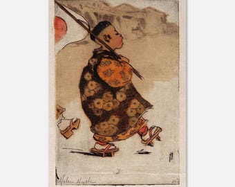 Poster vintage giapponese "Bambino d'autunno" - Stampa xilografica ispirata a Helen Hyde, decorazione tradizionale asiatica, arte zen da parete