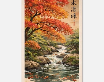 Poster Zen con paesaggio autunnale giapponese – Arte murale asiatica vintage, stampa naturalistica con acero rosso e cascata, decorazione giapponese