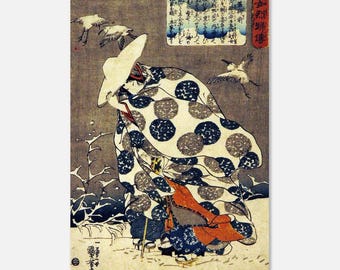Stampa artistica vintage di kimono giapponese – Quadro in stile Ukiyo-e, scena con gru e neve, decorazione per la casa in stile giapponese