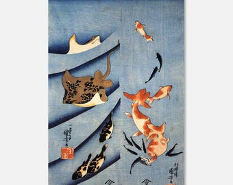 Stampa artistica giapponese sulla vita marina - Poster vintage Ukiyo-e con pesci e razze, arte murale con oceano blu, decorazione costiera giapponese