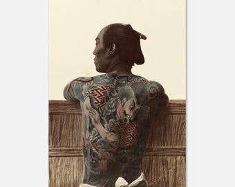 Poster vintage di un uomo giapponese tatuato / Stampa fotografica vintage unica / Decorazione artistica giapponese / Opera d'arte da parete fatta a mano / Regalo per lui