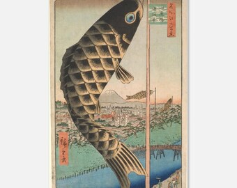 Poster giapponese con carpe koi (Koinobori) – Stampa artistica Ukiyo-e vintage, Monte Fuji e scena fluviale, decorazione zen, arte murale asiatica