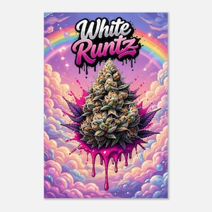 May include: A colourful poster showcasing a cannabis bud with purple leaves, set against a backdrop of fluffy clouds, a rainbow, and a pink and purple sky. The words "White Runtz" are displayed in a stylized font.