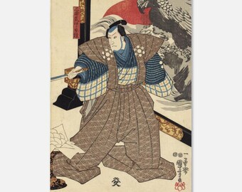 Poster Ukiyo-e di un guerriero samurai – Arte murale di un attore Kabuki giapponese, decorazione asiatica vintage, stampa con sole rosso e aquila, Japandi