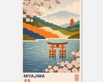 Poster con fiori di ciliegio di Miyajima - Arte giapponese del cancello Torii, stampa di paesaggio zen, decorazione murale giapponese, Sakura rosa e pagoda