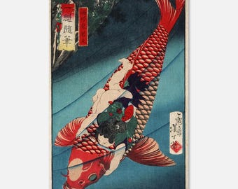 Poster vintage giapponese Ukiyo-e con koi e guerrieri – Arte murale tradizionale asiatica, decorazione zen con pesci rossi, stampa giapponese