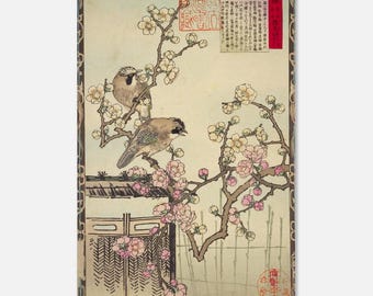 Stampa di uccelli giapponesi su ramo di ciliegio in fiore – Arte murale Ukiyo-e vintage, poster floreale rosa a tema natura, decorazione giapponese
