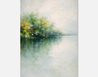 Stampa artistica impressionista raffigurante un lago / Decorazione murale con vivaci riflessi floreali
