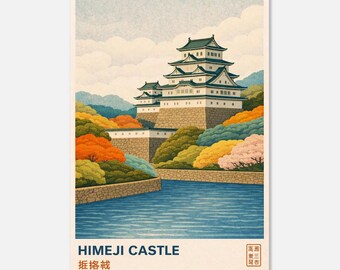 Poster del Castello di Himeji, Giappone – Arte murale di viaggio vintage, stampa di architettura asiatica, decorazione del periodo Edo, arte del fogliame autunnale, Giappone