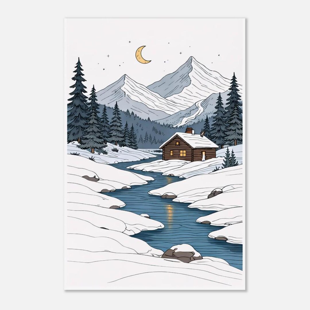 Cozy Winter Cabin Line Art Print | Scandinavian Landscape Poster | Folk ...