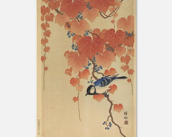 Poster giapponese con uccelli autunnali e vite – Arte murale asiatica vintage, stampa naturalistica con cinciallegra, decorazione zen, arte murale giapponese